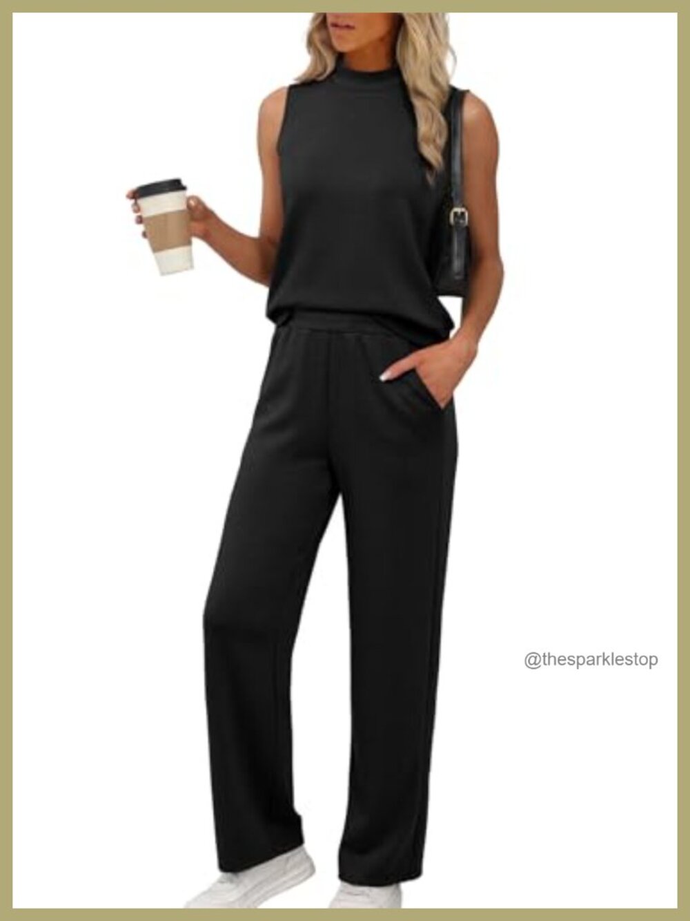 Two Piece Set Women Mock Neck Top Wide Leg Pants Lounge Travel Outfit
